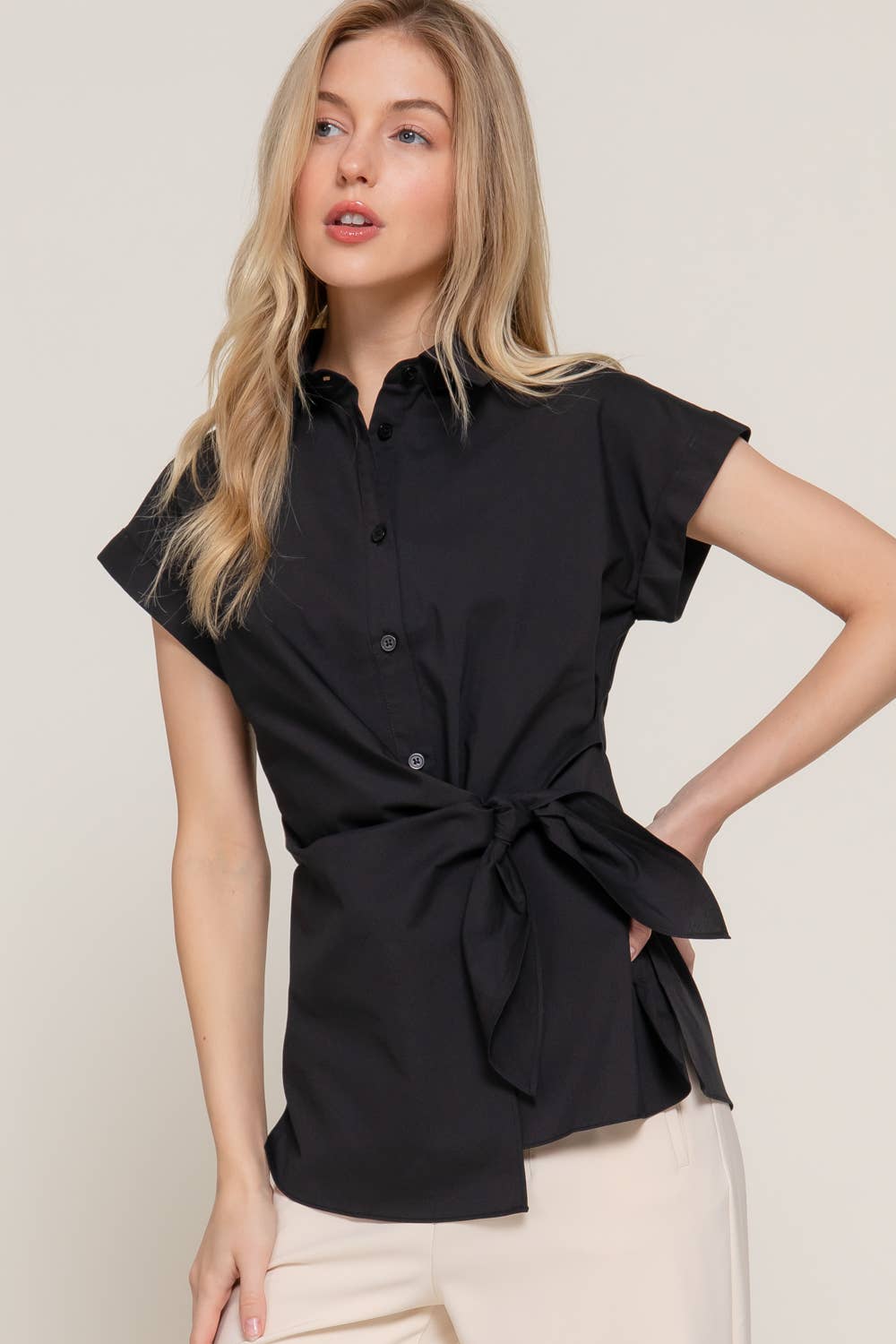 Active Basic | Active USA - Wholesale Button Down Shirt - Women's - Short Dolman Sleeve Button Down Side Knot Poplin Shirt2