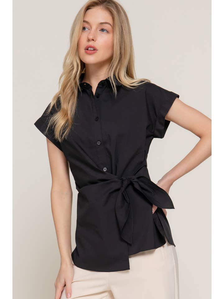 Active Basic | Active USA - Wholesale Button Down Shirt - Women's - Short Dolman Sleeve Button Down Side Knot Poplin Shirt2