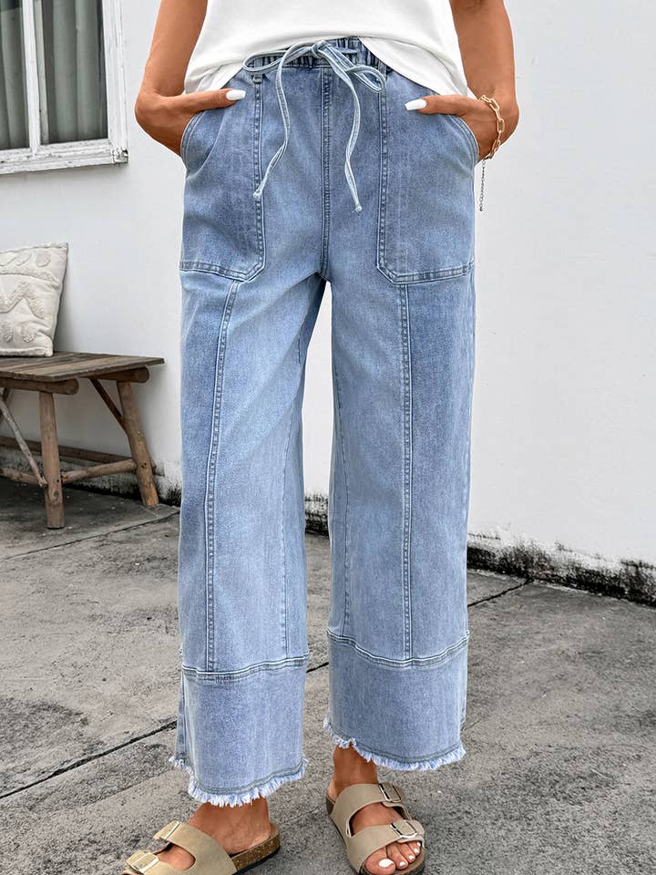 Womens Drawstring Seam Detail Raw Hem Wide Leg Denim Pants for wholesale by LA Society