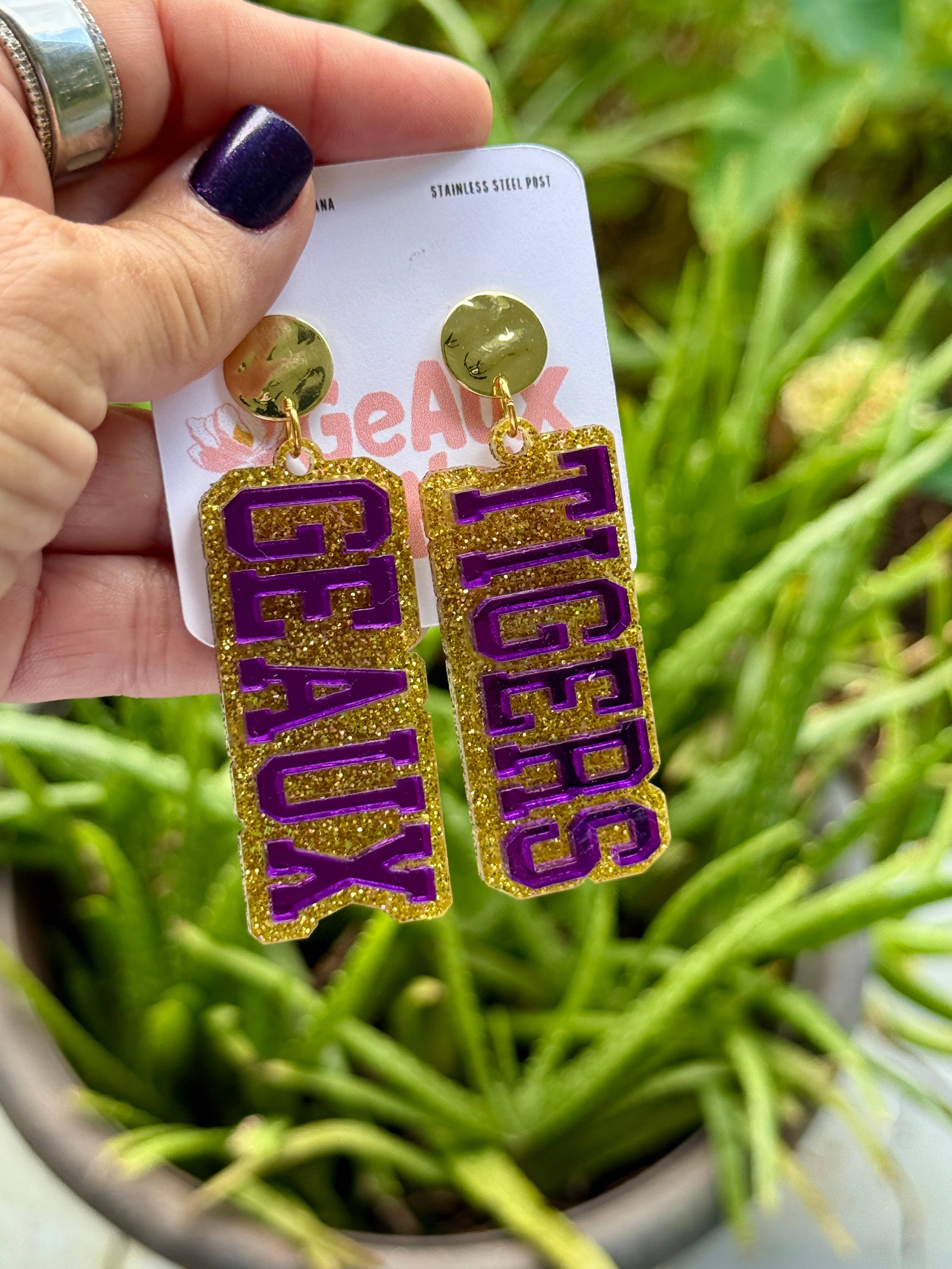 Geaux Magnolia – wholesale Hängande örhängen – Geaux Tigers Lager-på-lager Spegel & Glitter Dinglande Örhängen LSU4