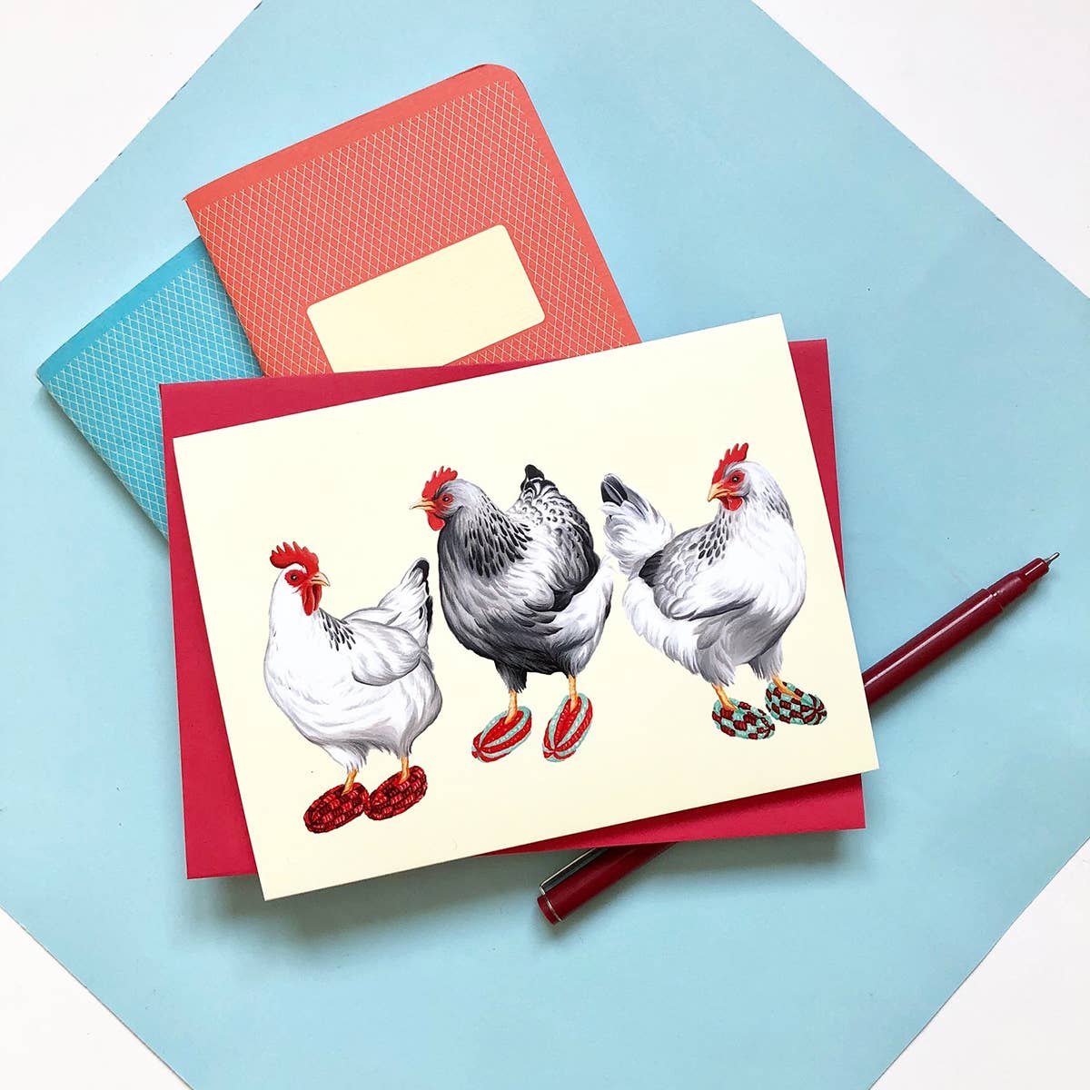 Sardines Studio - Wholesale Everyday Greeting Card - Hens wearing Phentex Slippers Greeting Card1