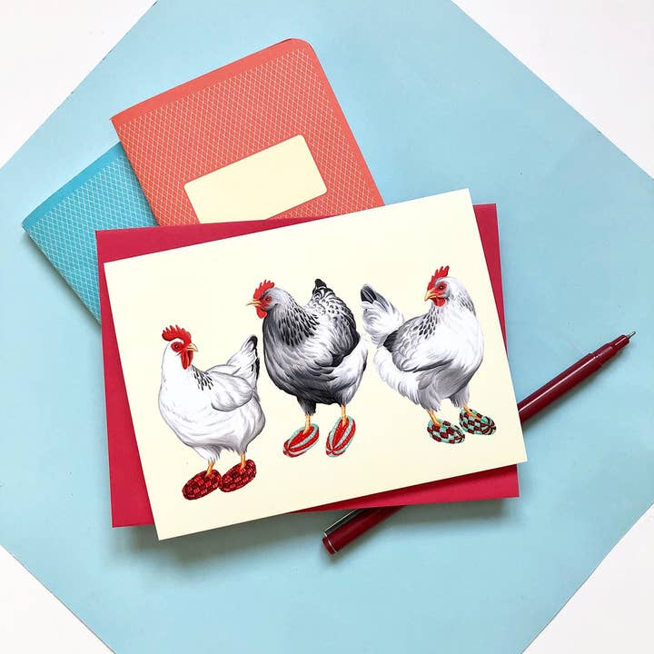 Sardines Studio - Wholesale Everyday Greeting Card - Hens wearing Phentex Slippers Greeting Card1