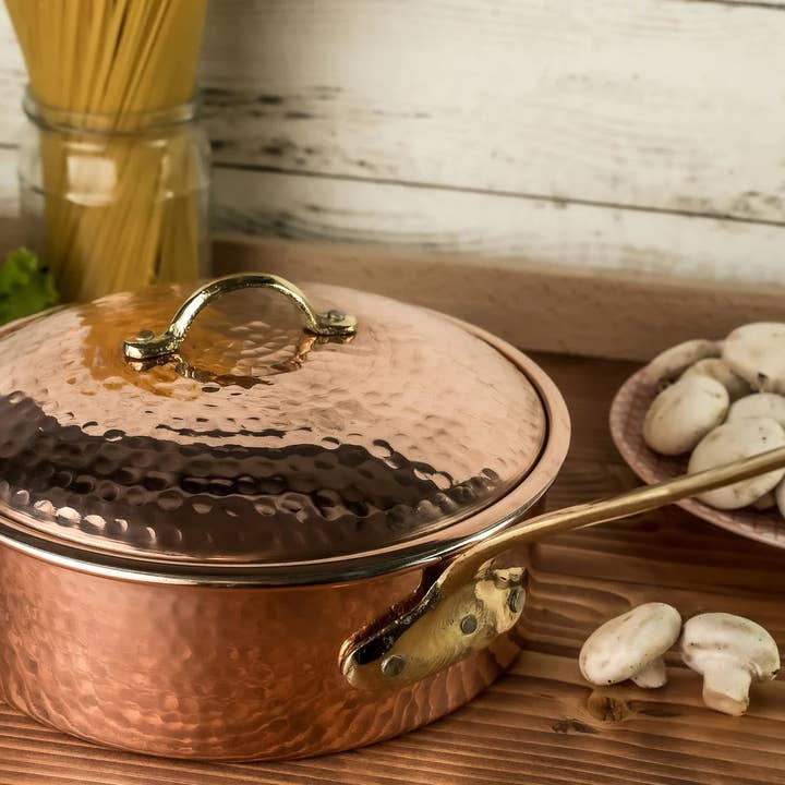 ALFIQ Copper - Venta al por mayor Cacerola - Cacerola de cobre macizo con tapa | Sartén de cobre hecha a mano | Juegos de utensilios de cocina de cobre turco con mango3