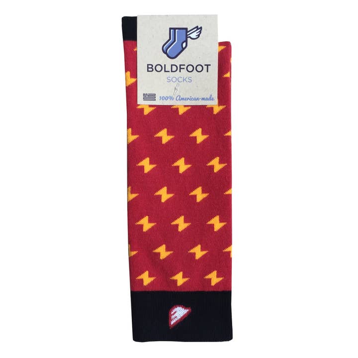 Stormchaser - Röd & Guld. Amerikanska gjort blixt Bolt Klänning/Casual strumpor för wholesale av Boldfoot Socks