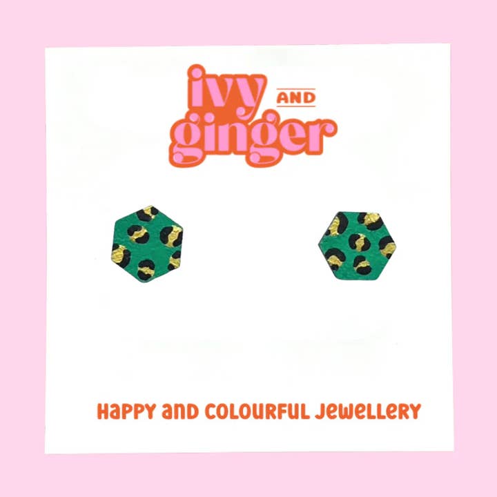 Mini green and gold hexagon leopard print stud earrings for wholesale by ivy and ginger