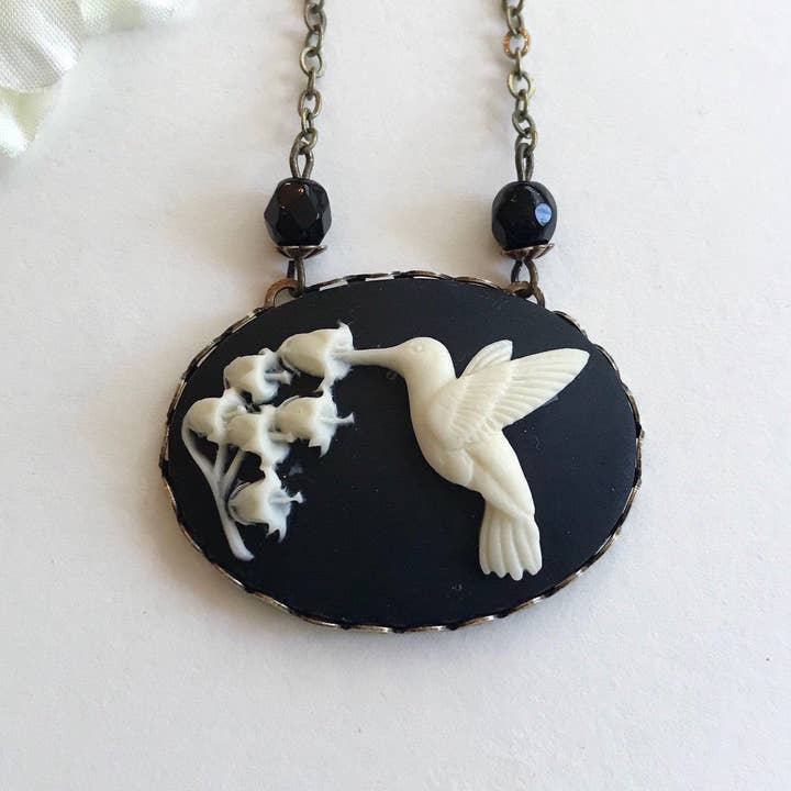 Hummingbird cameo necklace, black and ivory, bird cameo for wholesale by Botanical Bird