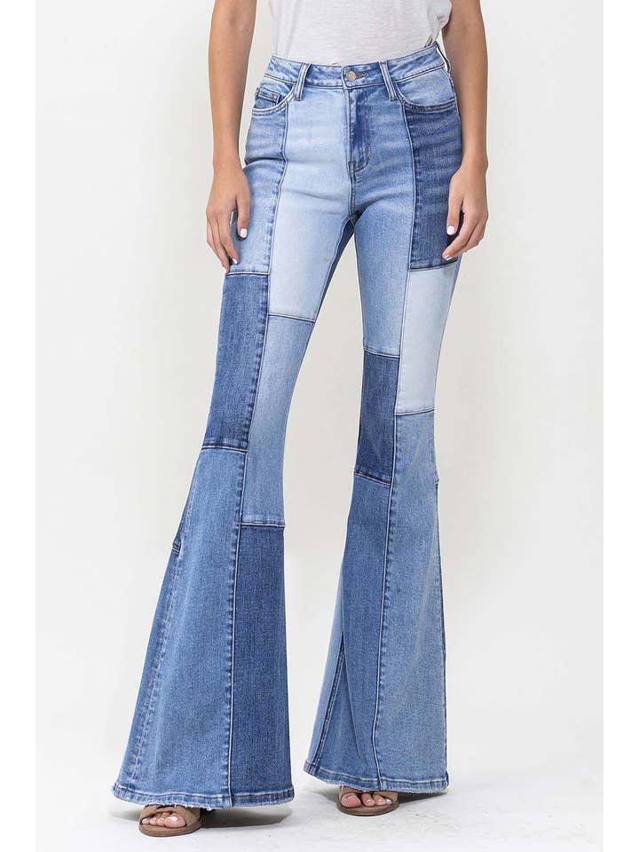 ENJOYED HIGH RISE COLOR BLOCK SUPER FLARE JEANS T5709 for wholesale on Faire