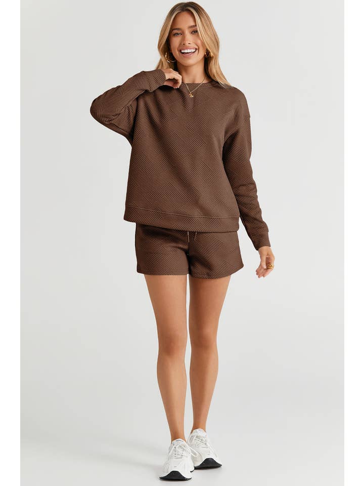 PRETTY BASH - Wholesale Lounge Set - Women's - Textured Long Sleeve Top and Drawstring Shorts Set4