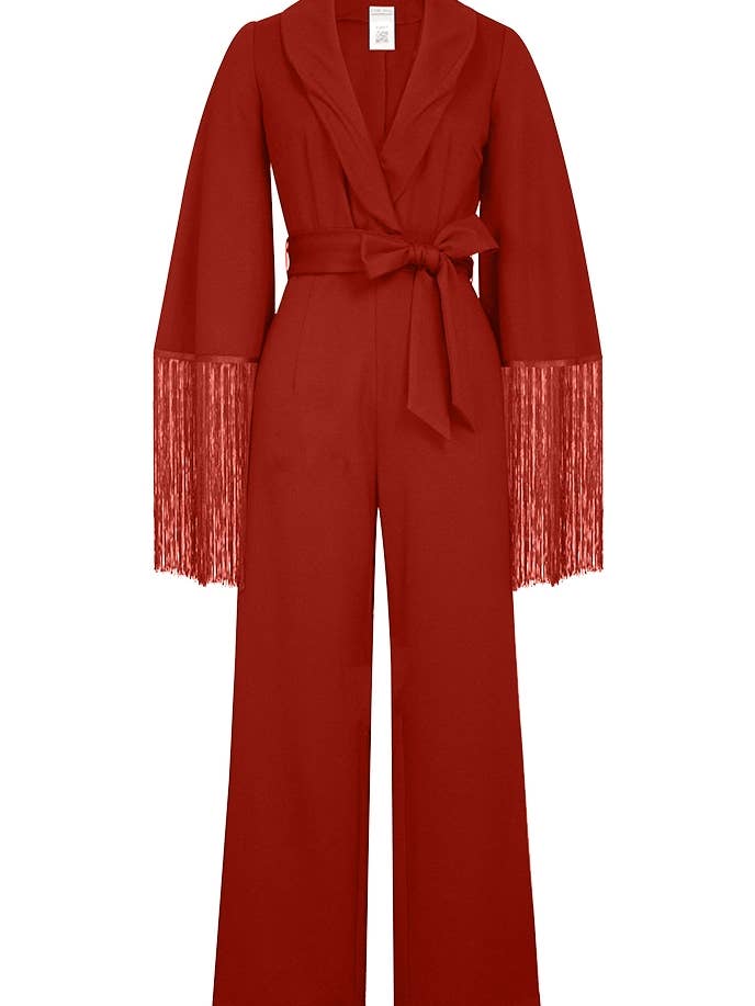 Chic Star Ponte Fringe Jumpsuit In Red 042624 for wholesale by CHIC STAR