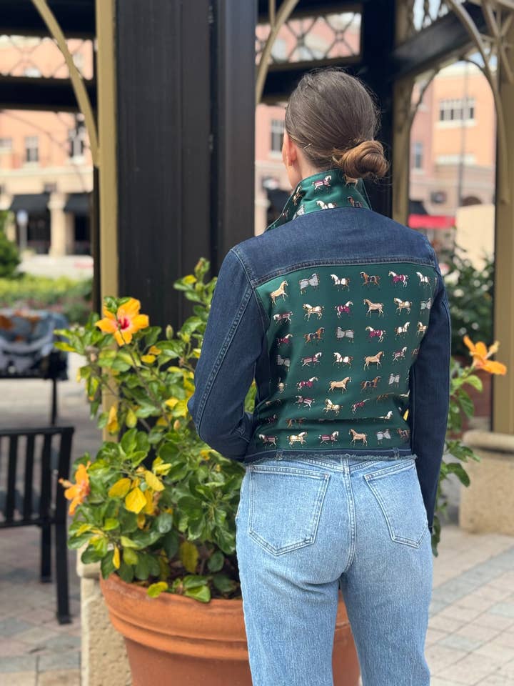 The Dark Denim Jacket / Equine Elegance / Hunter Green for wholesale by Stacy Bradley Design
