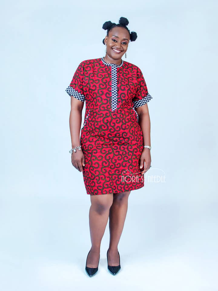 Etinosa Ankara Skift kjole/afrikansk Print Mini Skift Kjole for engroshandel hos Nora's Needle