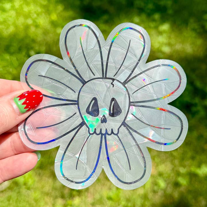 Skull Flower Holographic Sun Catcher Window Sticker for wholesale by Hawburns Studio