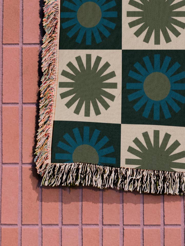 Blue Green Checker Minimalist Sun Woven Cotton Throw Blankets for wholesale by TaylorBassam