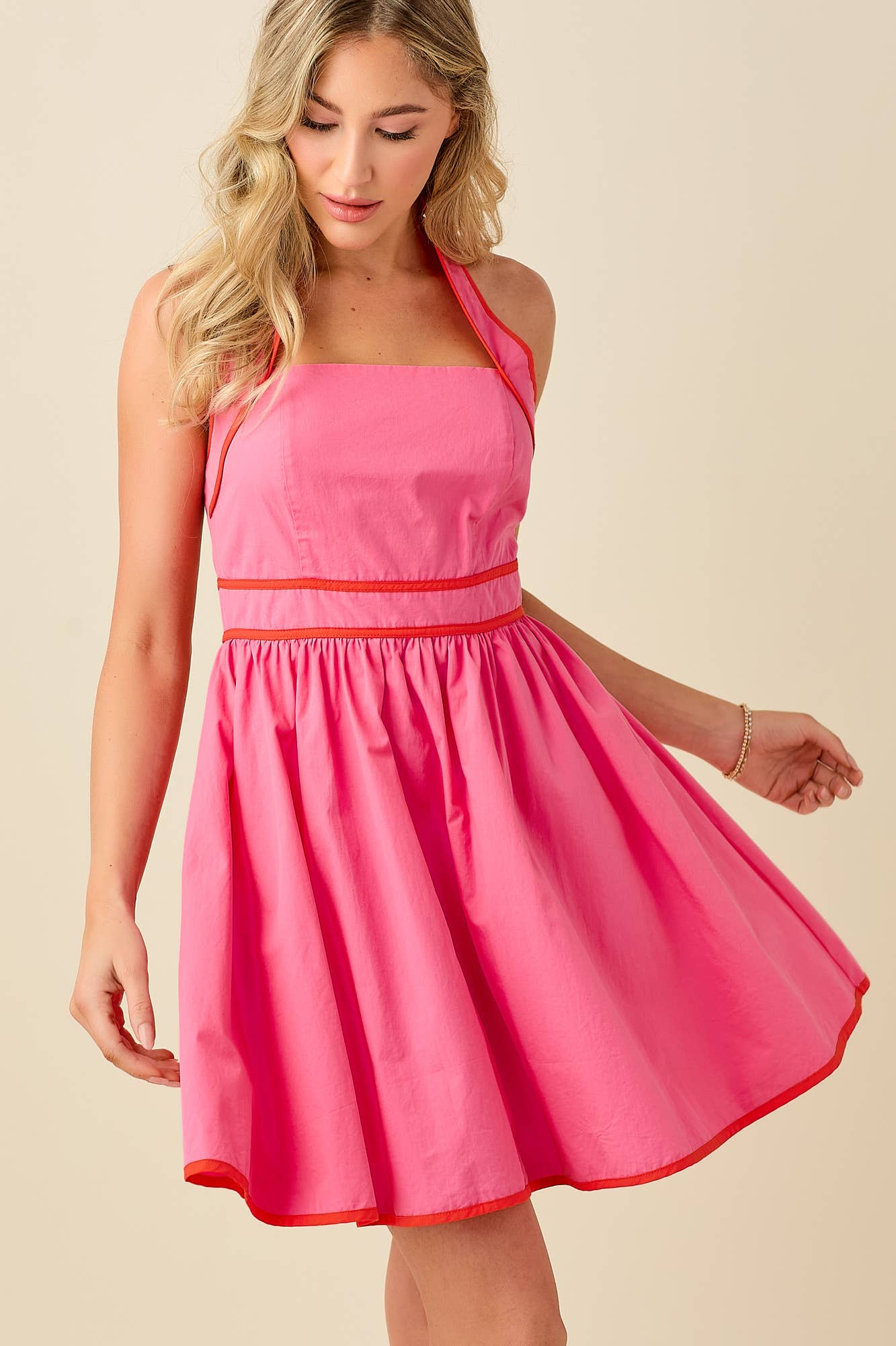 BABY PINK – wholesale Dress – Women's – Halter neck backless mini dress with contrast binding28