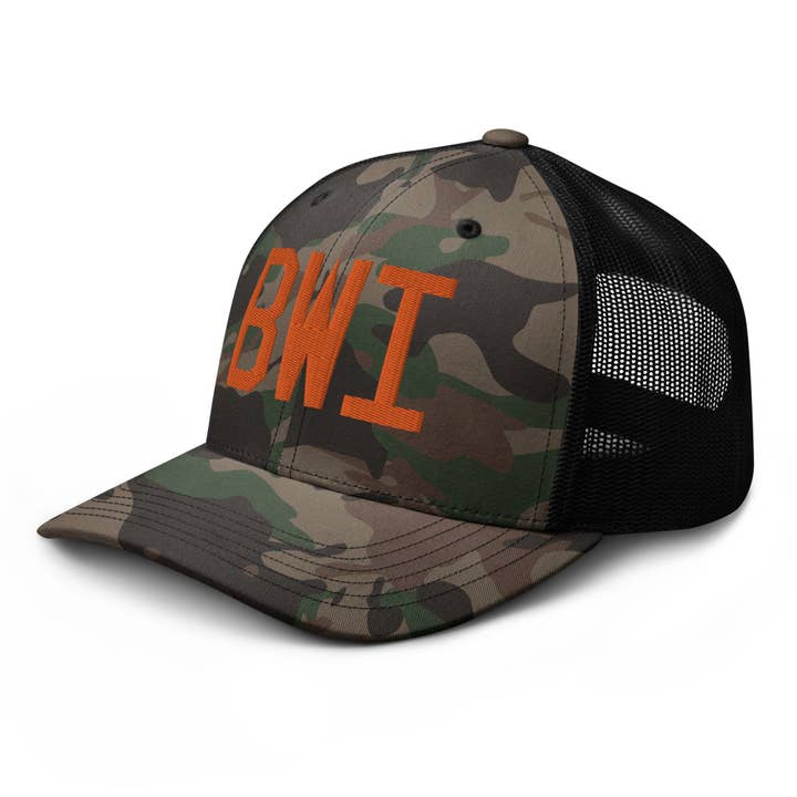 BWI Baltimore Maryland Camouflage Trucker Hat for wholesale by YHM Designs