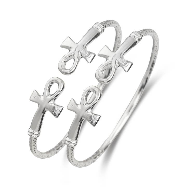 Better Jewelry Solid .925 West Indian Silver Bangles with Ankh Cross Ends, 1 pair for wholesale by Better Jewelry