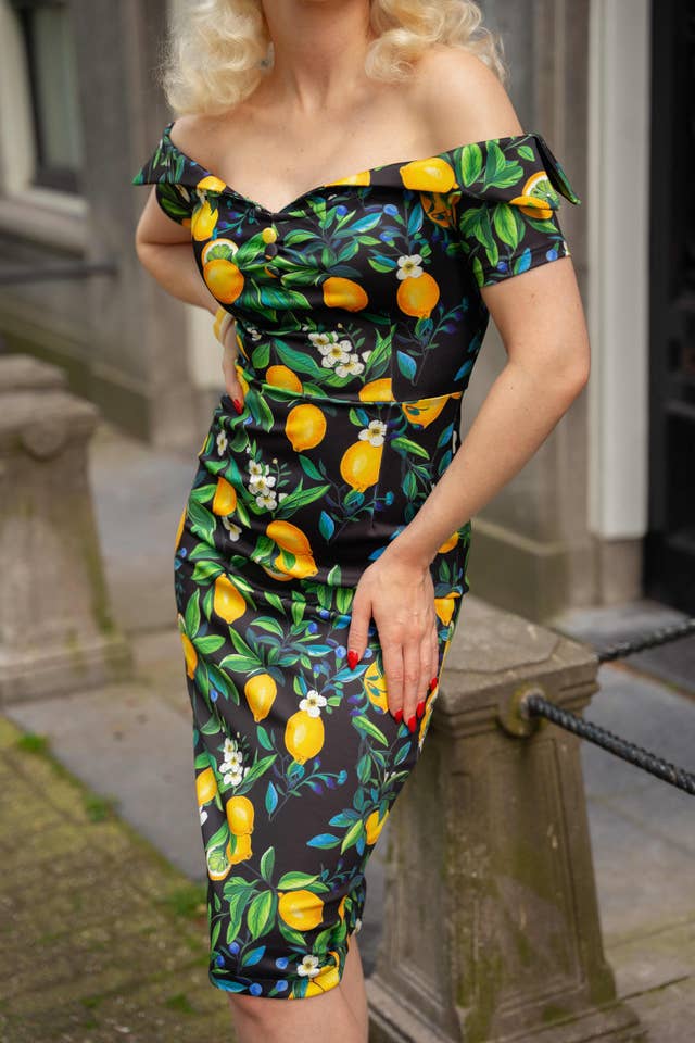 Dolly & Dotty - Wholesale Dress - Women's - Monroe Off-the-Shoulder Pencil Dress in Black Lemon Print3