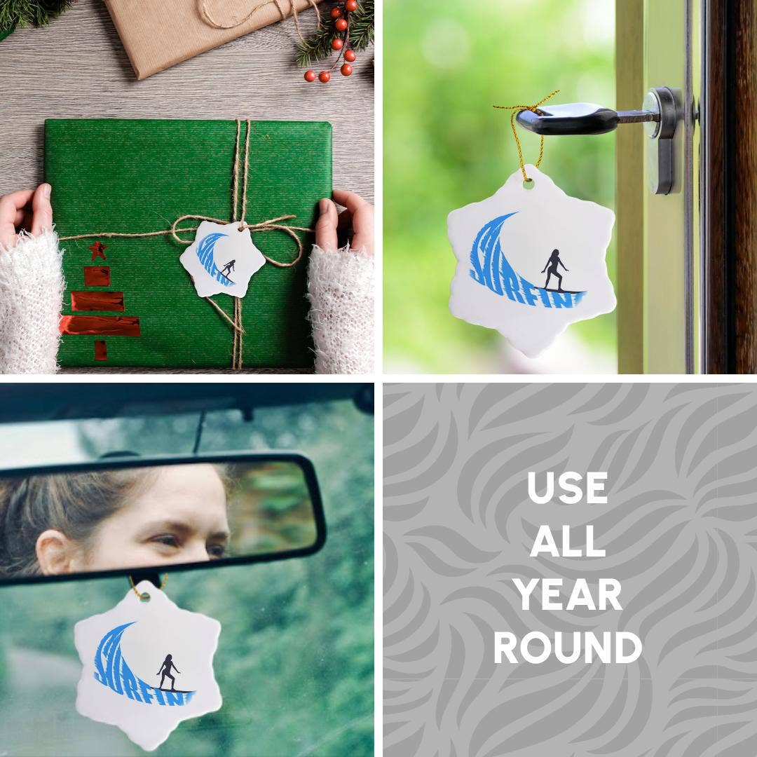 3dRose – wholesale Ornament – 3dRose, Woman surfer, blue wave, text surfing, white background, Ornament4