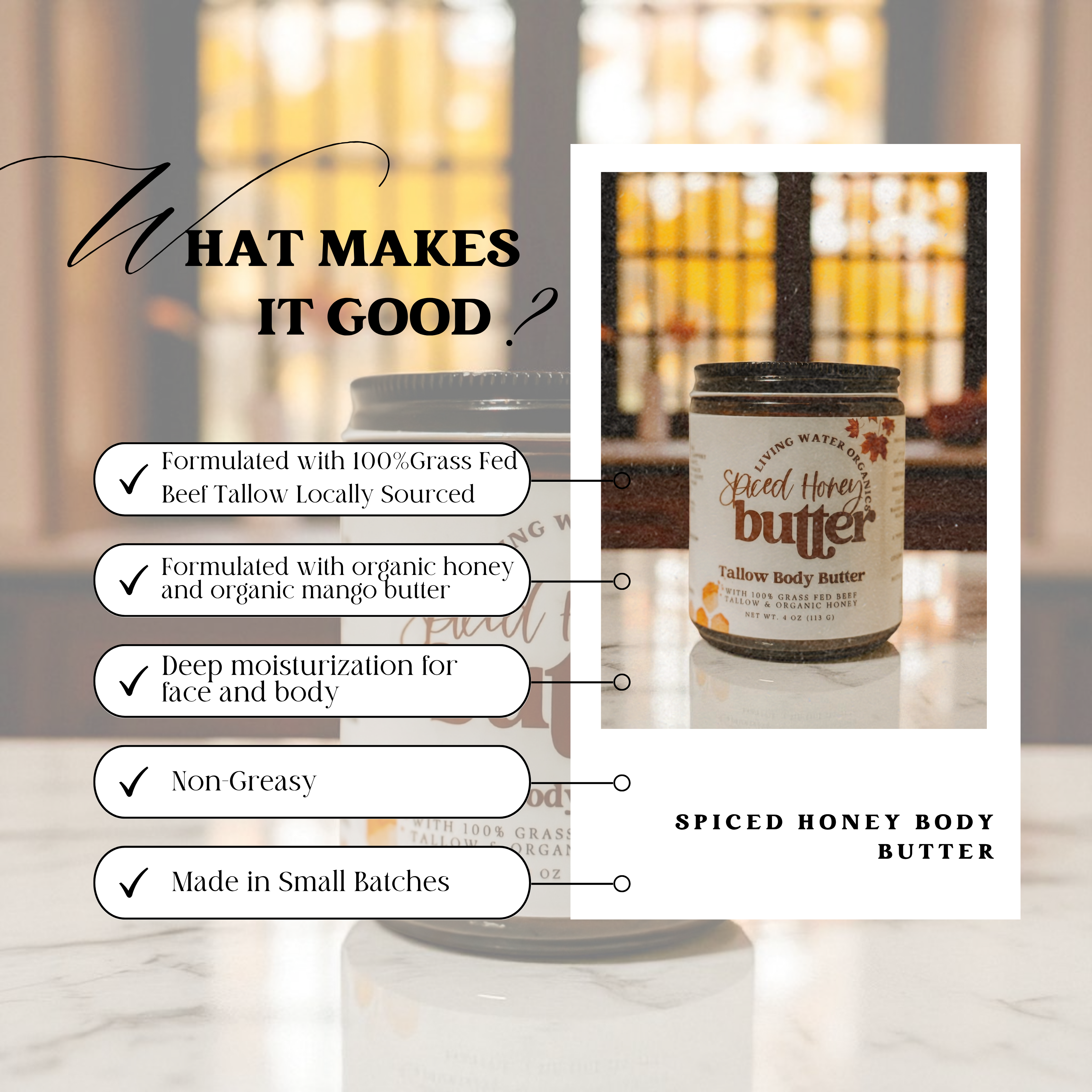 Living Water Organics - Wholesale Body Balm/Butter - Spiced Honey Tallow Body Butter with 100% Grass Fed Tallow1