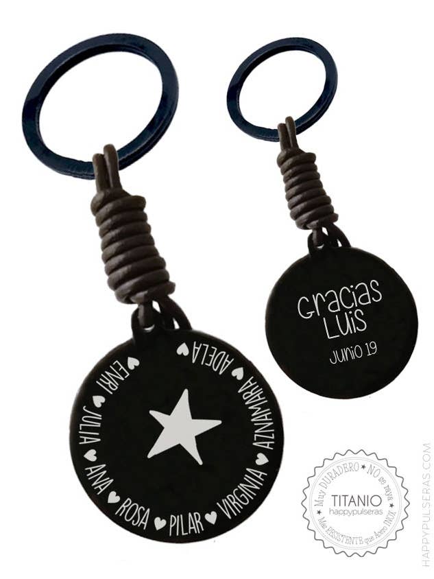Black steel 40mm leather keychain with 2 dedications. for wholesale by Happypulseras