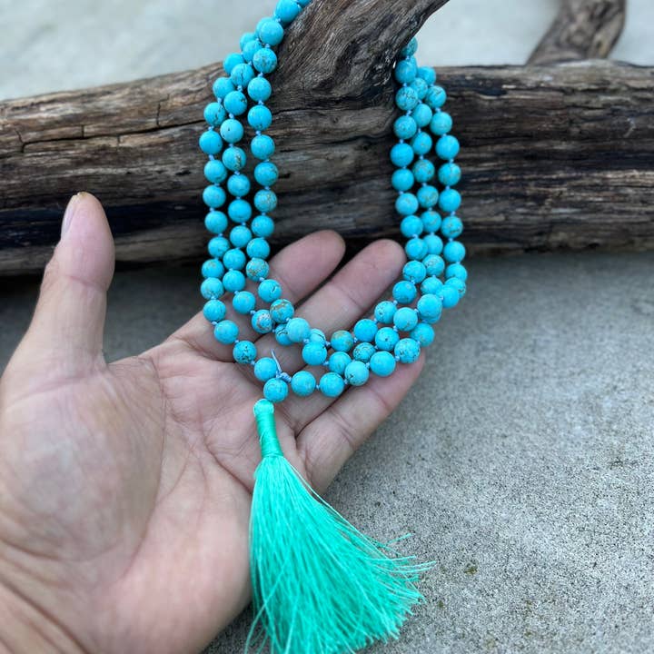 Lungta Imports – Engroshandel Bedehalskæde – Tibetansk buddhistisk turkis håndknyttet mala, rosenkrans med 108 perler, japa mala, meditationsmala, malakæde, gratis silkepose