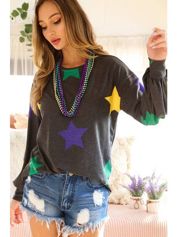 Vine & Love - Wholesale Sweatshirt - Women's - Mardi Gras Crew Neck Long Sleeve Star Jersey Top VT81357DP