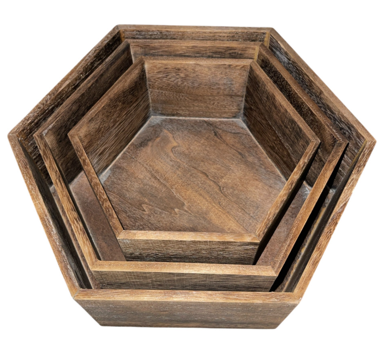 Thompson Wholesale - Wholesale Plant Pot - Natural & Gray Hexagon Washed Wood Pots -- 12 Piece Set4
