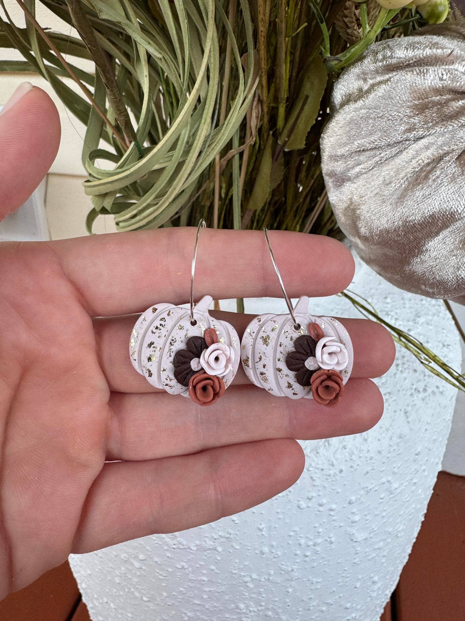 KBH CREATIONS - Wholesale Dangle Earrings - Beige Rust Floral Pumpkin Hoop Handmade Clay Earrings