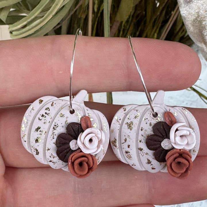 KBH CREATIONS - Wholesale Dangle Earrings - Beige Rust Floral Pumpkin Hoop Handmade Clay Earrings0