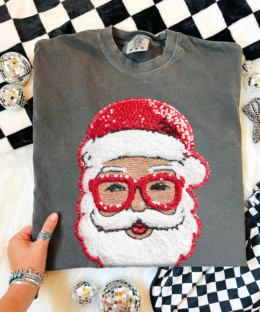 THE LATTIMORE CLAIM - Wholesale Graphic Sweatshirt - Women's - Red Glasses Faux Sequin Santa2