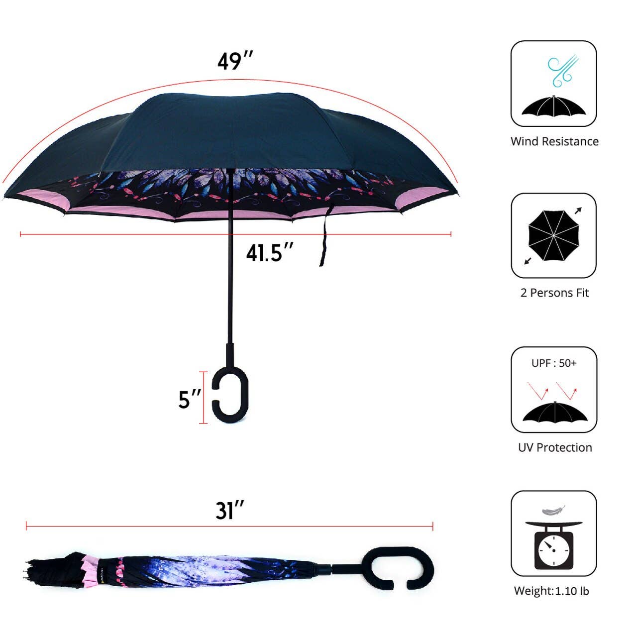 Selini New York - Vente Parapluie – unisexe - Parapluie inversée à double couche en plumes4