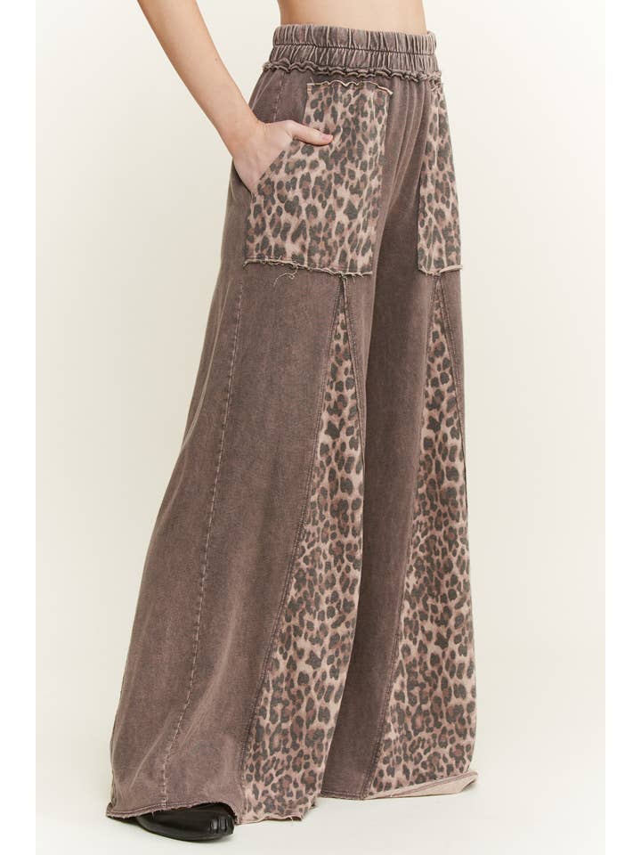J.Her - Wholesale Pants - Women's - Mineral Washed Leopard Animal Print Flare Pants HP5783P1