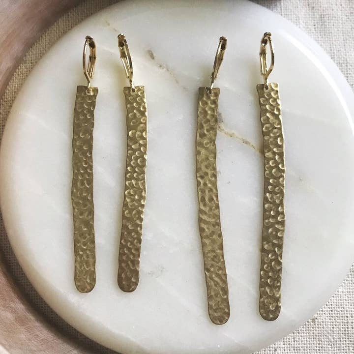 Long Line Hammered Brass Earrings for wholesale by Melissa Jenkins Designs