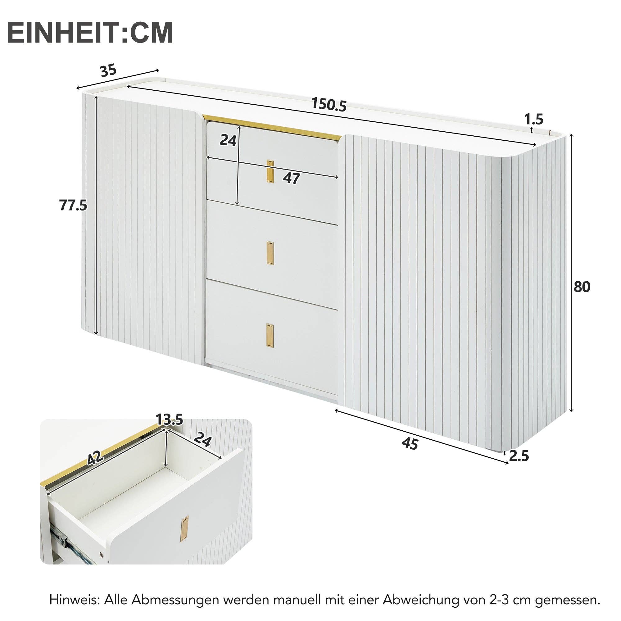 Urban Meuble – Aparador por atacado – Buffet branco elegante 2 portas, 2 gavetas com iluminação LED 150*35*80cm KRAUDREL37