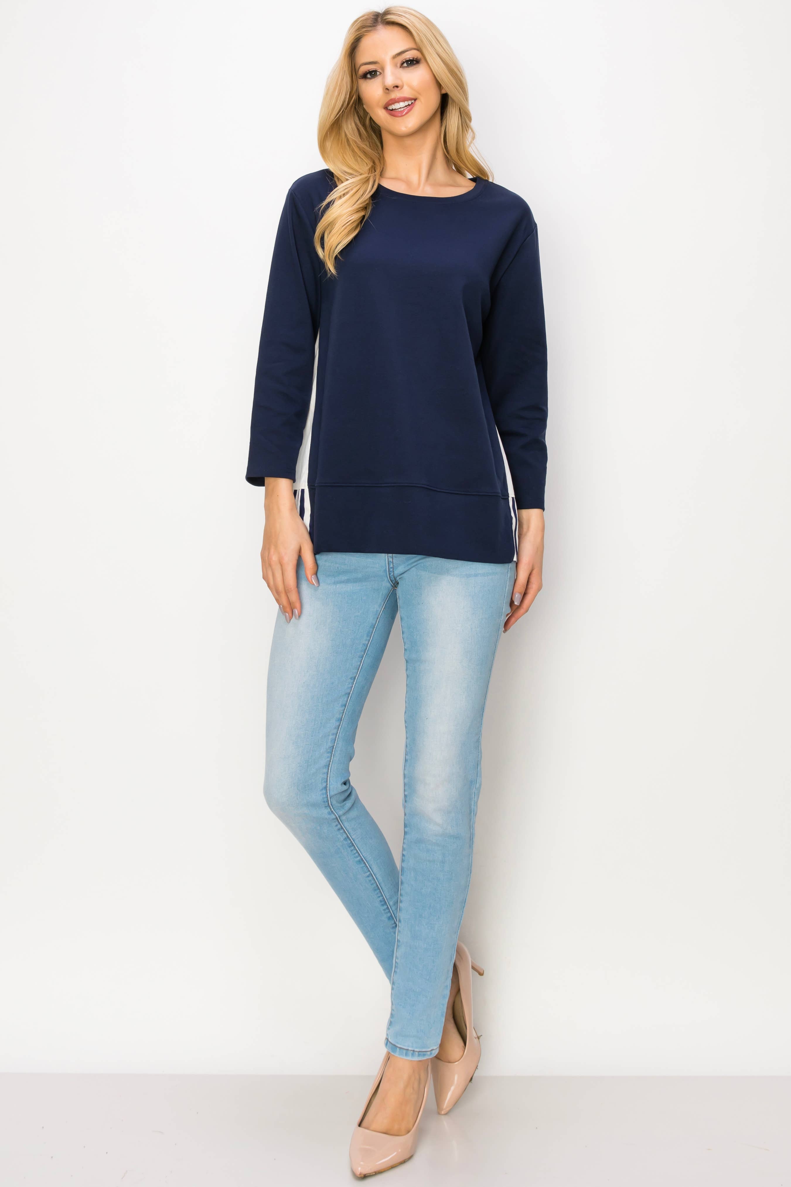 Navy Regina Spitzenstrick mit Streifen aus Baumwollpopeline für den Großhandel auf Faire13