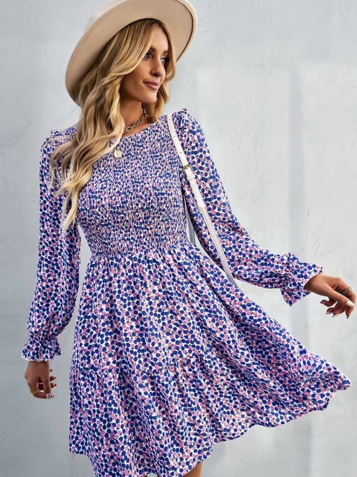 Floral long sleeve smocked dress for wholesale by Miss Sparkling