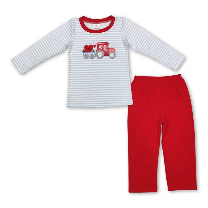 Yawoo Garments - Wholesale Jumpsuit - Baby - Grey stripe heart truck baby boy valentine's romper