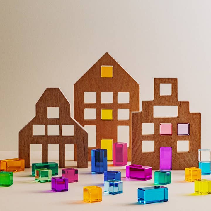 Veelkleurig Riley City houten bouwblokken en lucite stenen set voor groothandel op Faire11