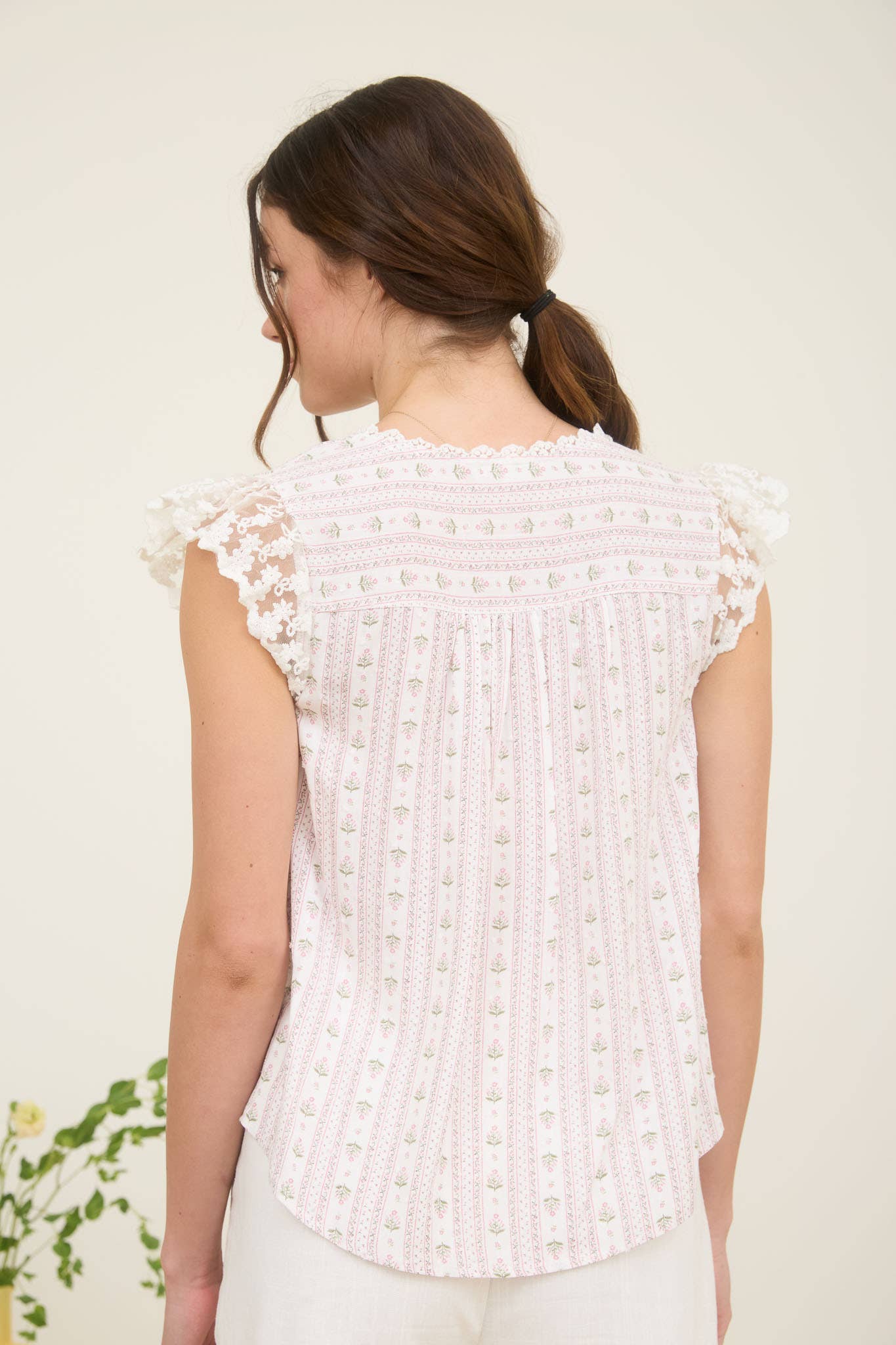 Blu Pepper - Wholesale Blouse - Women's - STRIPE FLORAL V NECK LACE TRIM BUTTON DOWN BLOUSE 1