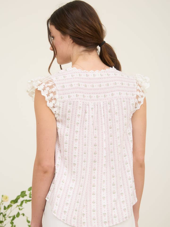 Blu Pepper - Wholesale Blouse - Women's - STRIPE FLORAL V NECK LACE TRIM BUTTON DOWN BLOUSE 1