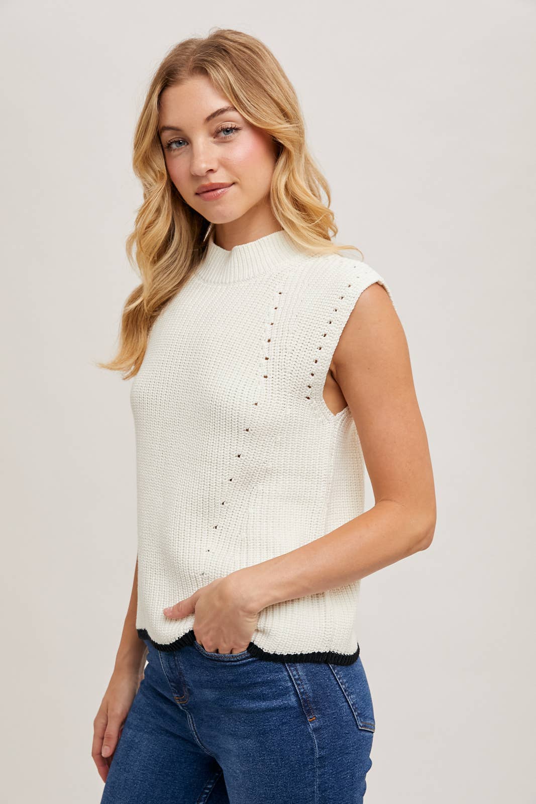 Bluivy - Wholesale Sweater Vest - Women's - MOCK KNECK CONTRAST BOTTOM HEM CAP-SLEEVED KNIT SWEATER VEST10