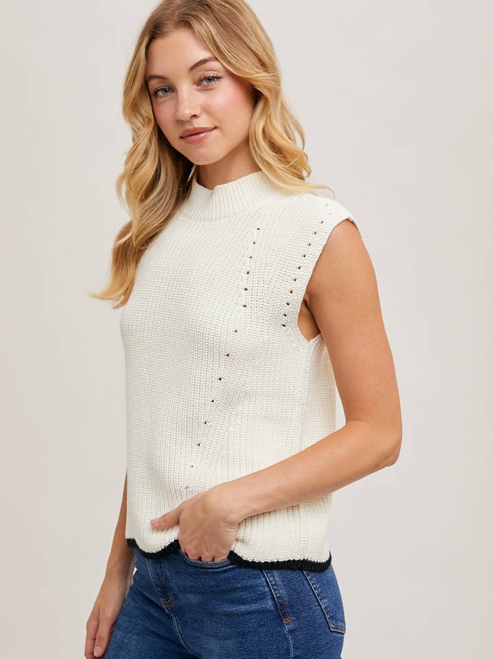 Bluivy - Wholesale Sweater Vest - Women's - MOCK KNECK CONTRAST BOTTOM HEM CAP-SLEEVED KNIT SWEATER VEST10