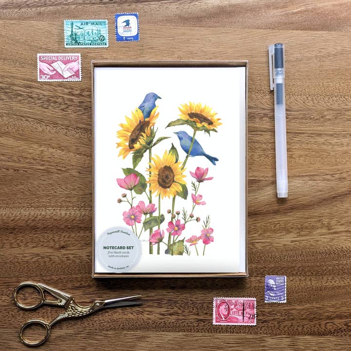 Papermill Creative - Wholesale Thank You Card - Sunflowers & Songbirds watercolor notecard set1