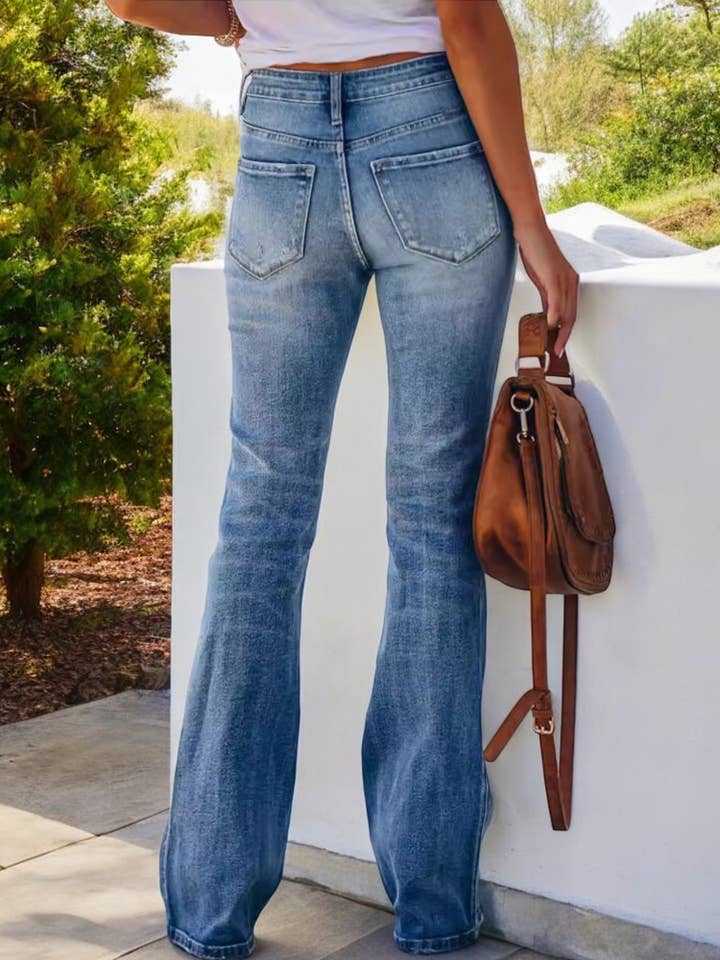 Blue High Waist Flare Jeans with Light Distressing for wholesale on Faire