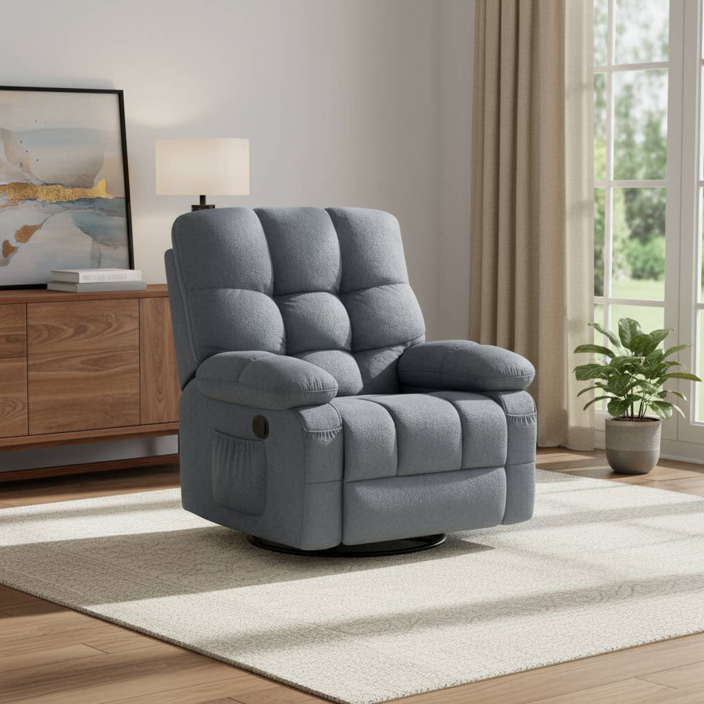 HomeRoots - Vente Chaises - Fauteuil inclinable pivotant à bascule chauffant avec massage en chenille bleue tuftée de 39" avec USB1