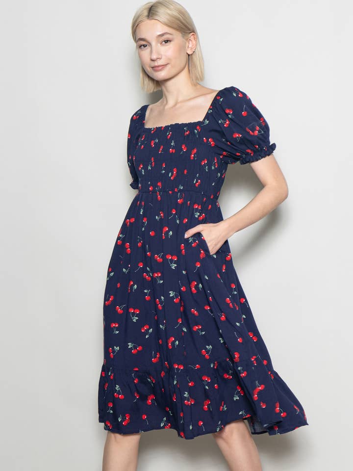 Elloh Collection - Wholesale Dress - Women's - Puff Sleeve Square Neck Cherry Print Dress with Pockets14