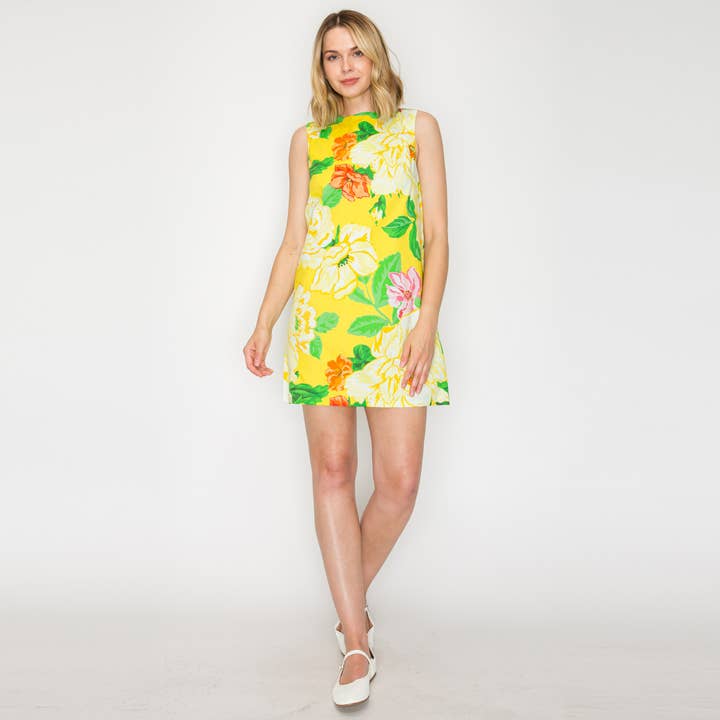 Sunny Lemon Yellow Flower Print Mini Shift Dress - LWD3056 for wholesale by LoveWednesday