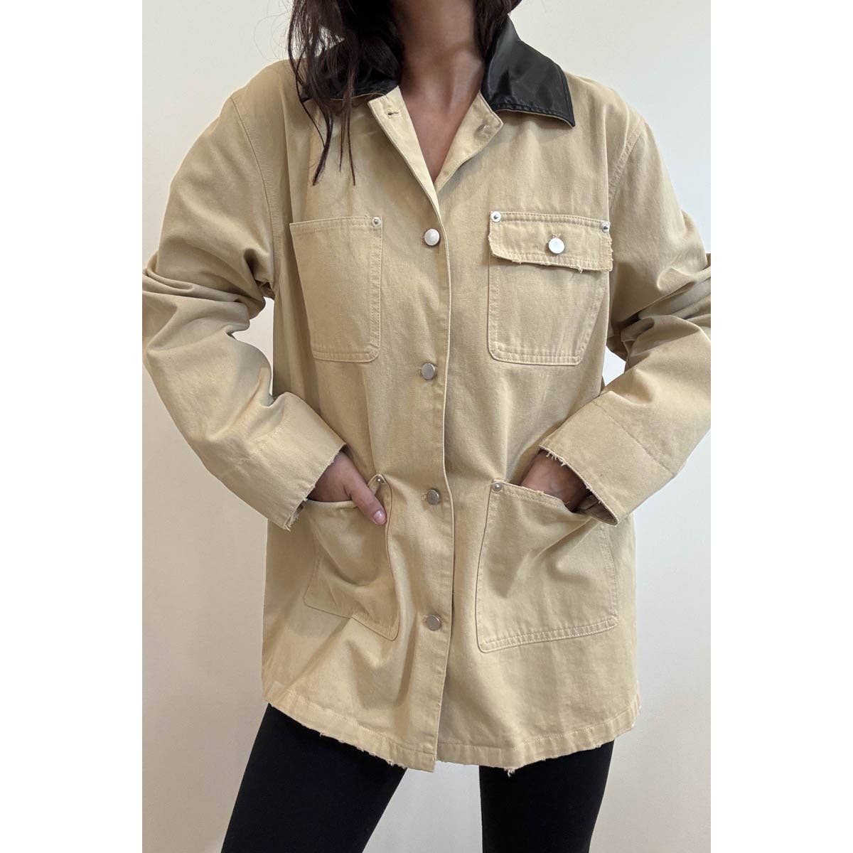 KHAKI Contrast Collar Oversized Workwear Jacket for wholesale on Faire8