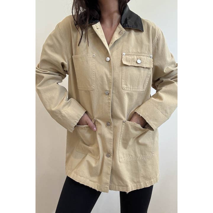 KHAKI Contrast Collar Oversized Workwear Jacket for wholesale on Faire8