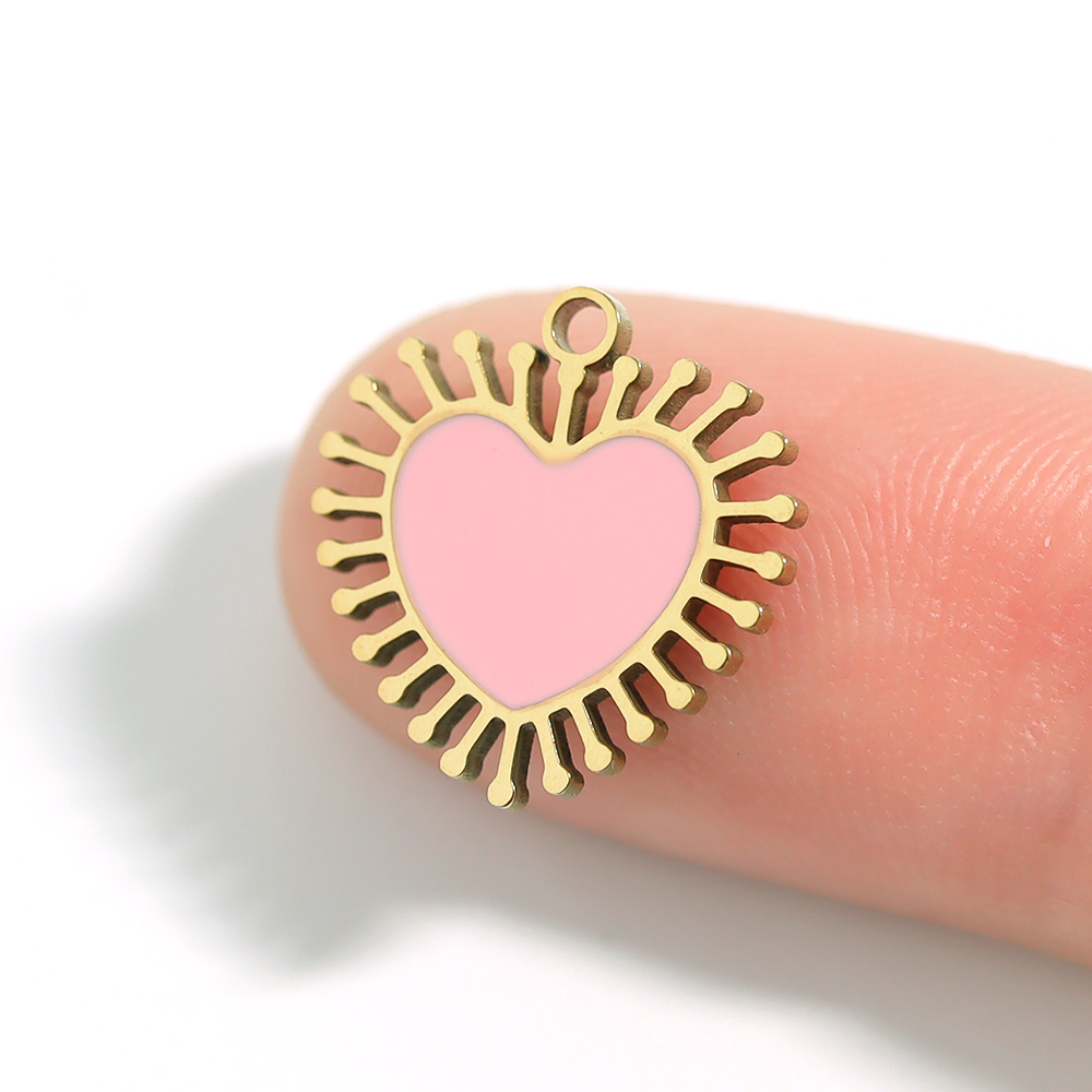 WJW - Wholesale Individual Charm/Pendant - 18K Gold PVD Stainless Steel Epoxy Pink Sun Ray Heart Charm4